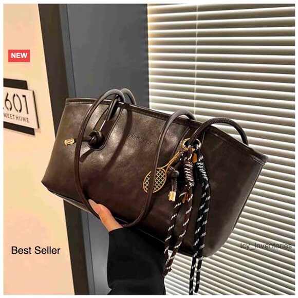 Faux Leather Shoulder Bag with Pendant, Vintage Y2K Design